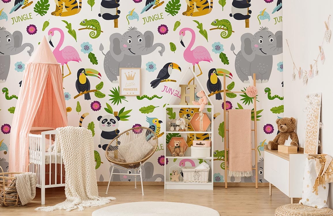 Whimsical Jungle Animals Safari Wallpaper in nursery with pink canopy, white crib, bamboo chair, wooden flooring.