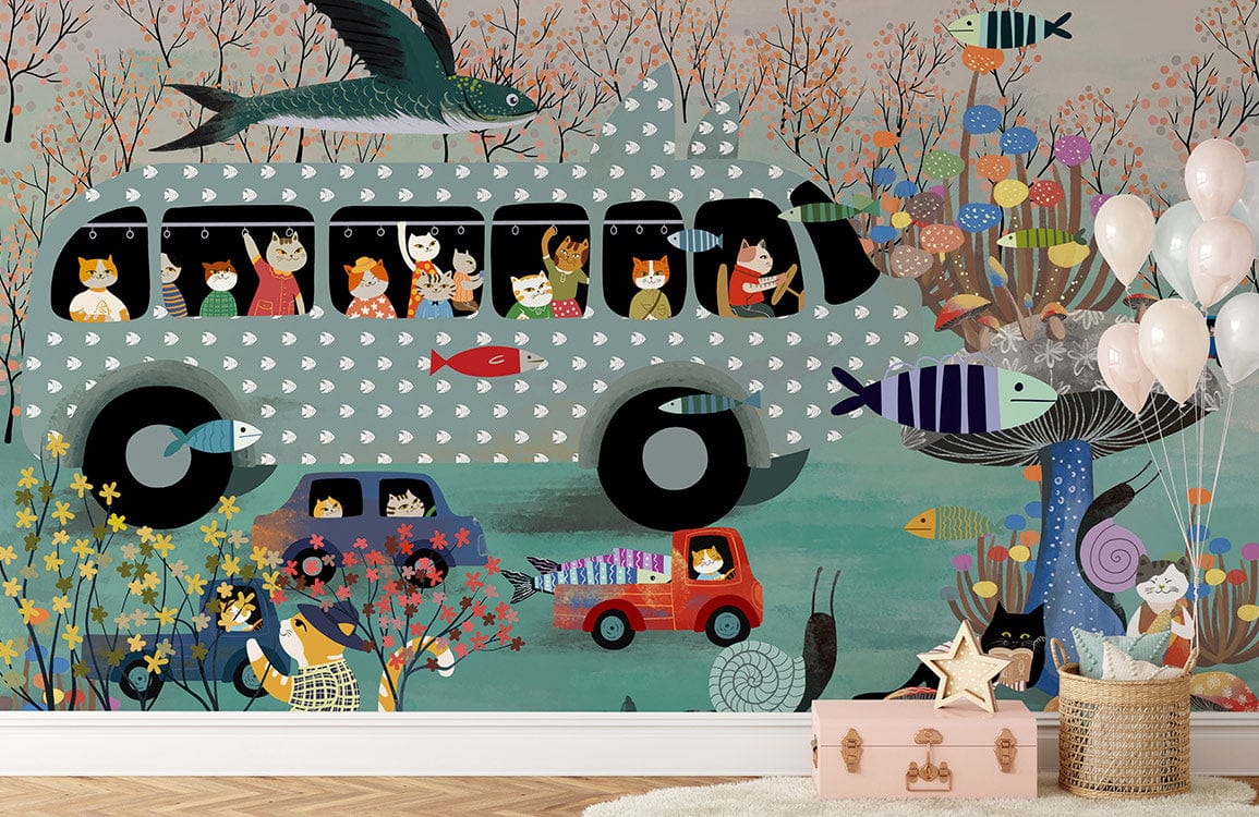 Whimsical mural wallpaper in children's room with playful design, wooden floor, pastel decor elements, balloons.