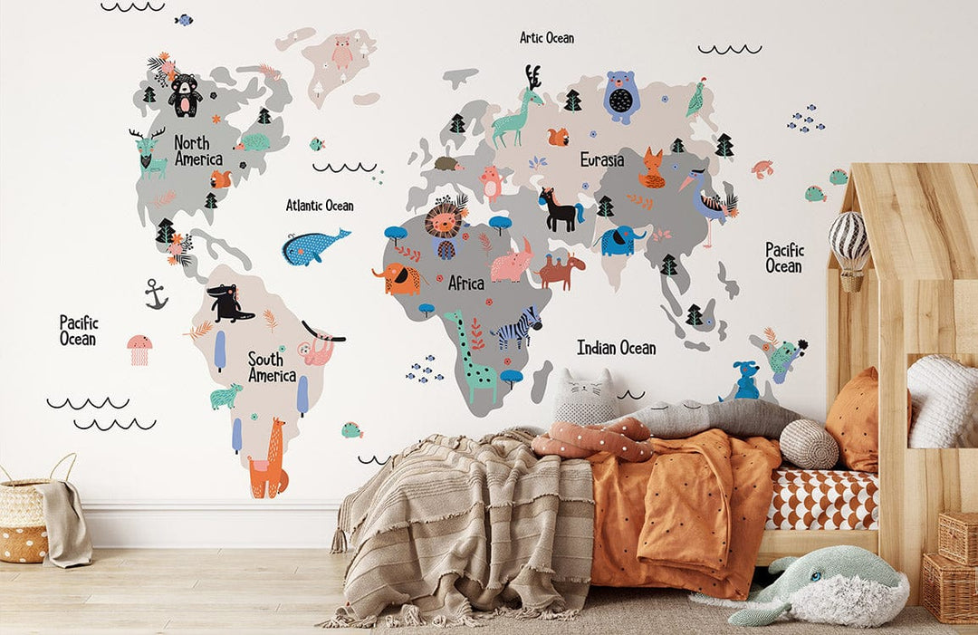 Children's colourful world map mural with animal adventure design, featuring cosy kid's room decor, wooden floor.