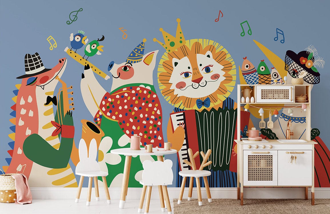 Colourful animal jazz band wallpaper in kids' playroom with wooden play kitchen, small white tables, chairs.