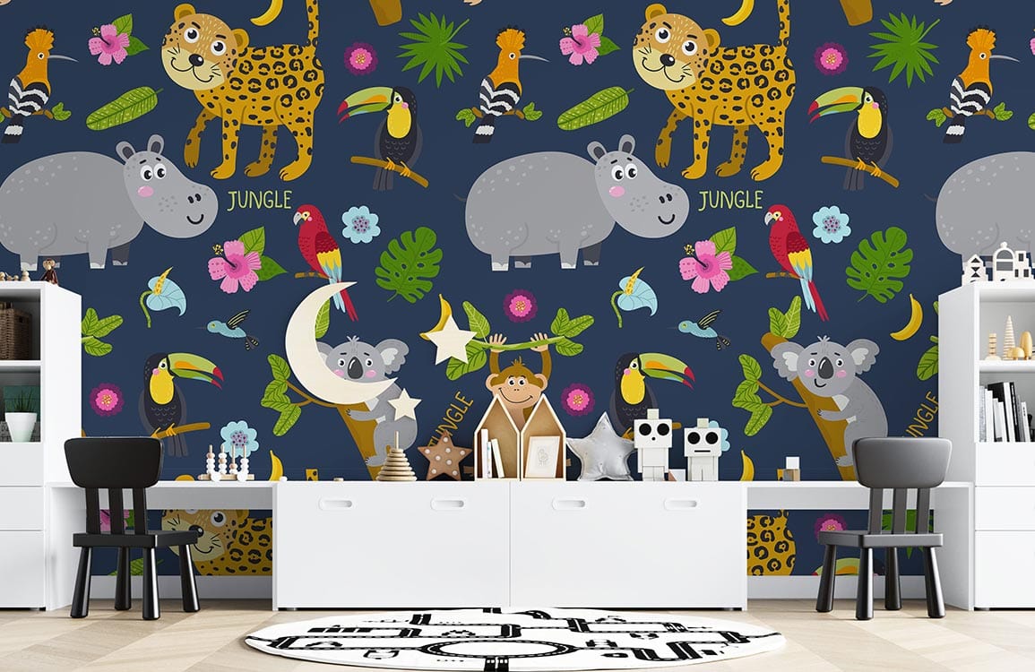 Colourful jungle animals wallpaper mural in children's playroom with modern furniture and playful decor.