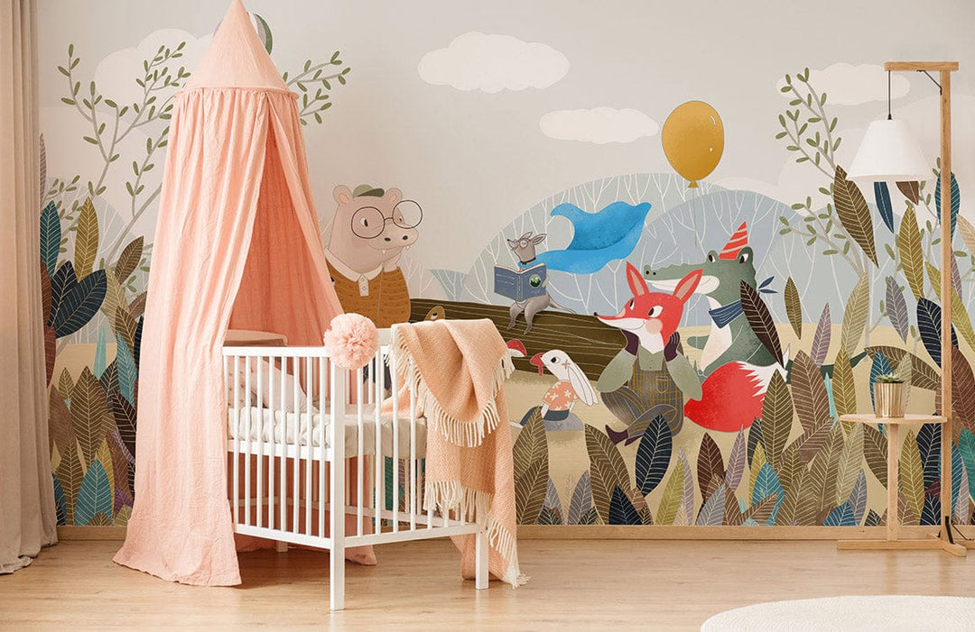 Charming Woodland Friends Mural Wallpaper in kids' room with pink canopy, white crib, wooden flooring.