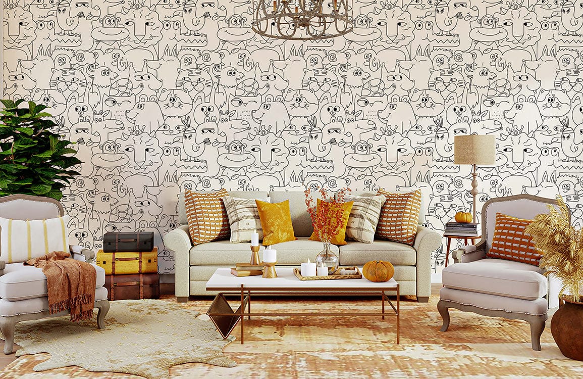 Monochrome doodle animal wallpaper; playful room with beige sofa, armchairs, chandelier, warm-toned decor.
