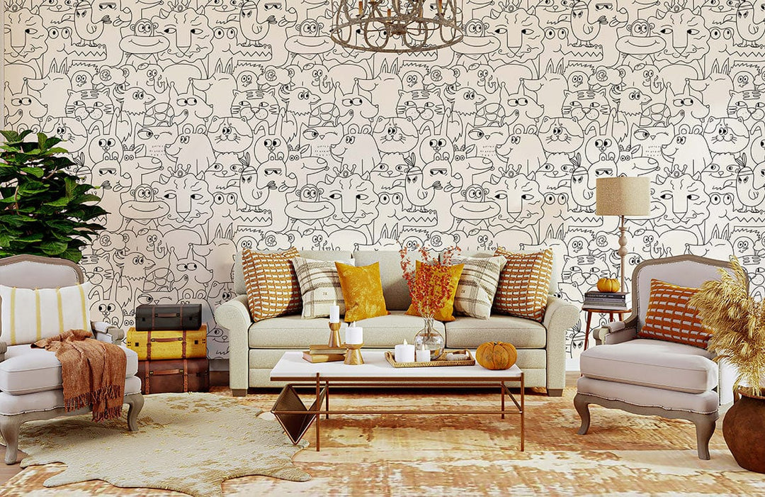 Monochrome doodle animal wallpaper; playful room with beige sofa, armchairs, chandelier, warm-toned decor.