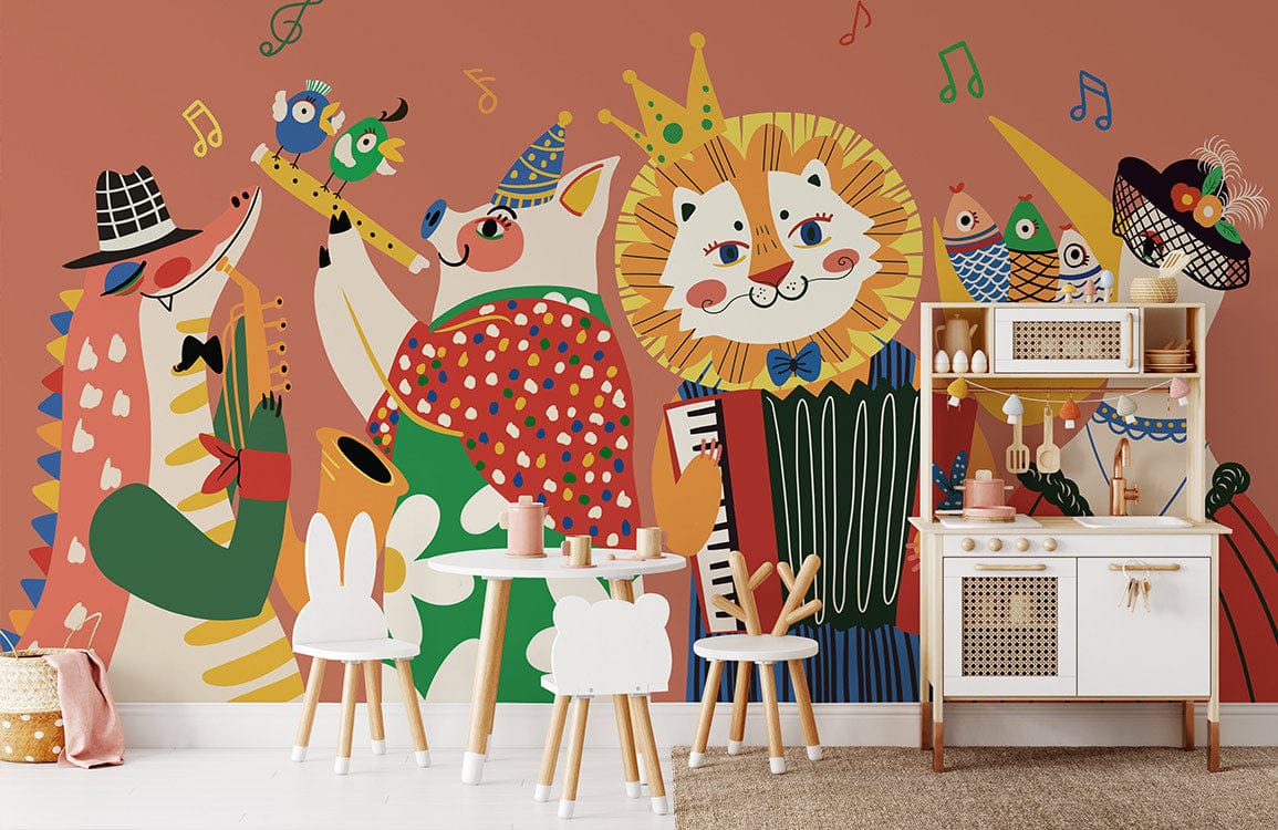 Whimsical Animal Band Mural Wallpaper with playful furniture in a child's room featuring white flooring.