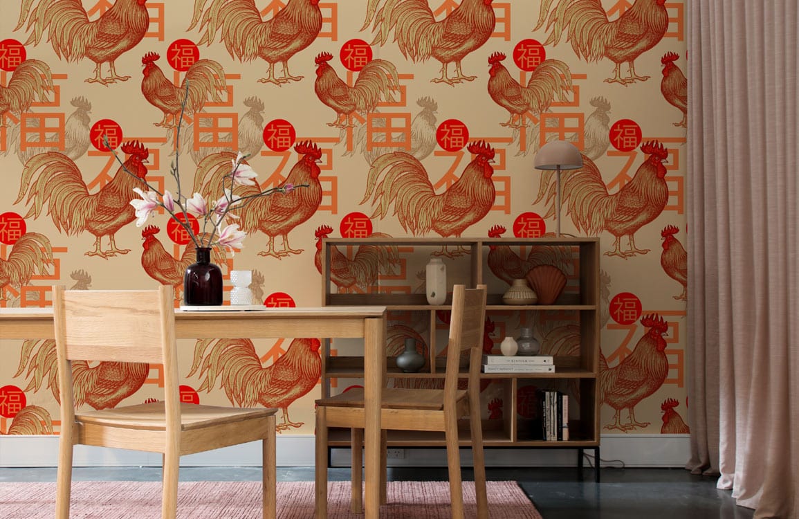 Vintage Chinese Rooster Wallpaper with Red Symbols, dining room, wooden furniture, elegant decor, oriental style.