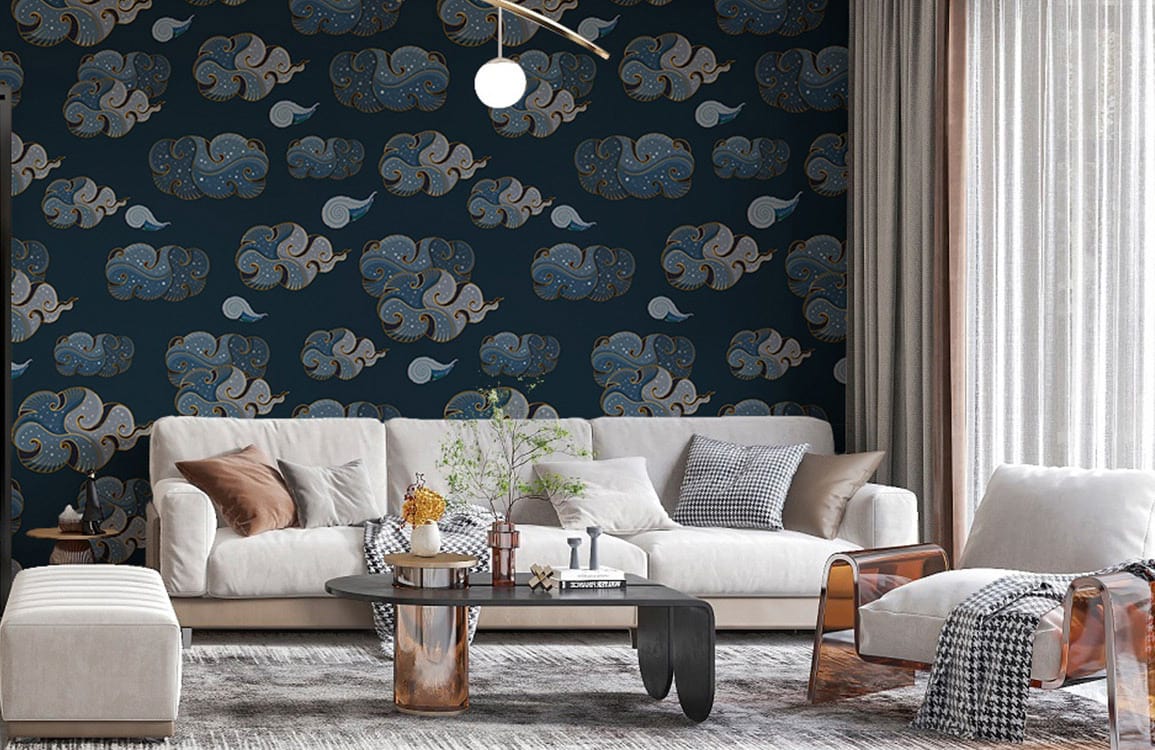 Elegant Blue Cloud Pattern Wallpaper; artistic decor, cream sofa, modern living room design, neutral tones.