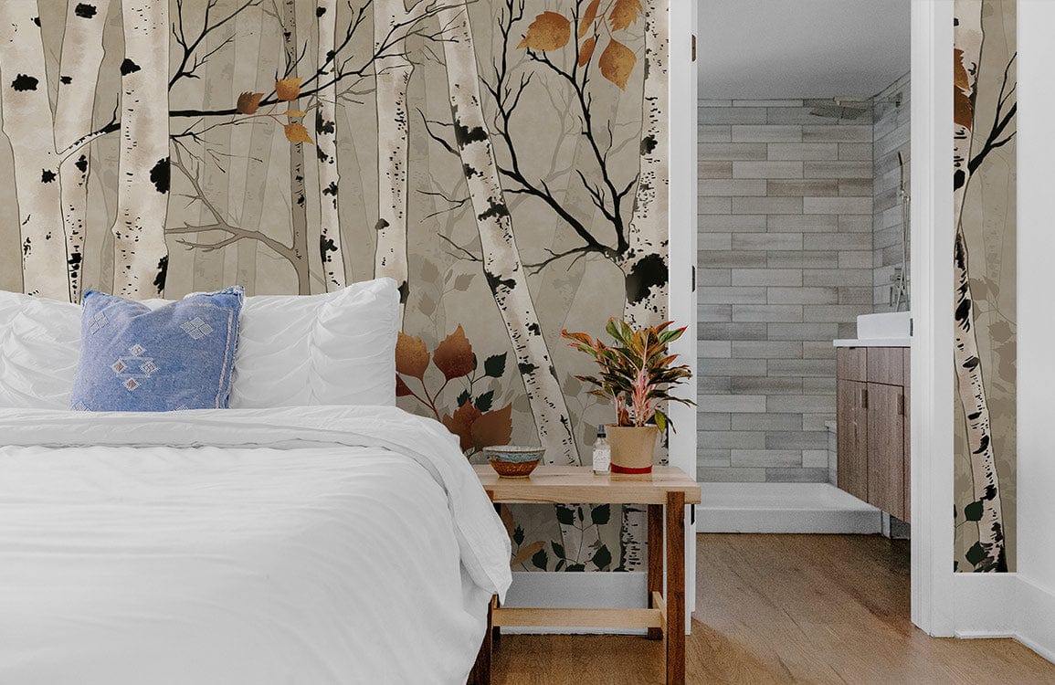 Elegant Autumn Birch Forest Mural in bedroom with wooden flooring, neutral wall colour, simple bedside table.