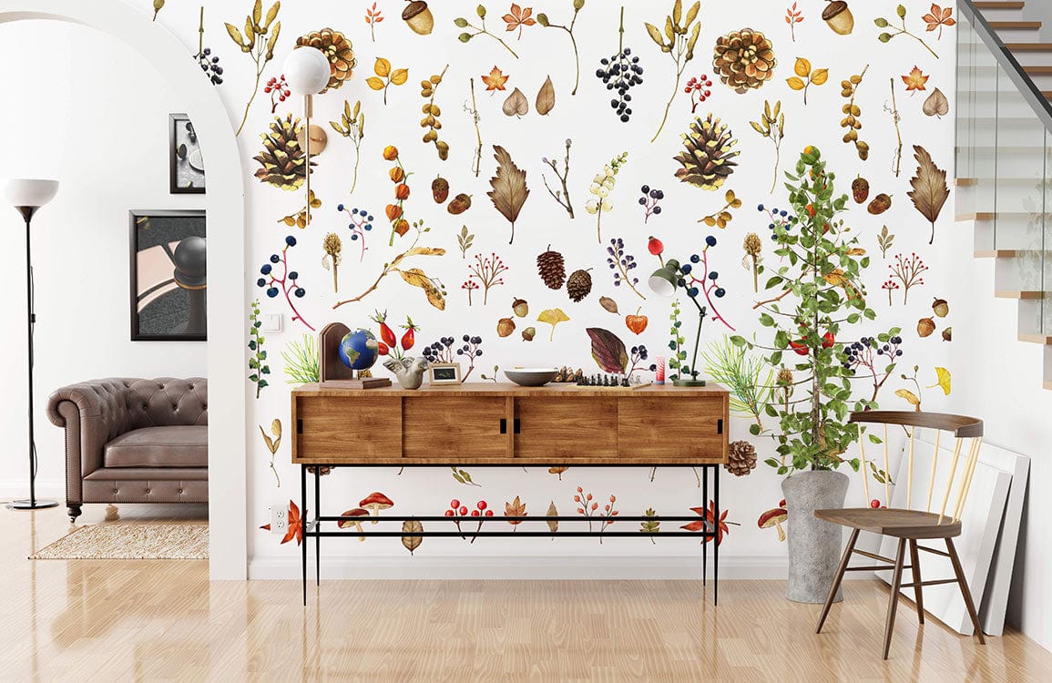 Autumn Botanical Pattern Wallpaper with earthy tones, wooden console, brown sofa, wooden flooring, modern decor.