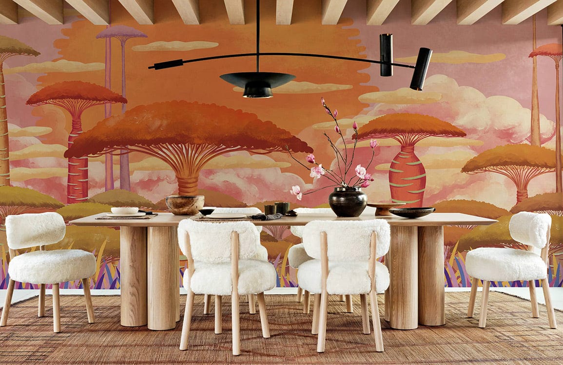 Dining room with vibrant sunset fantasy landscape wallpaper, plush white chairs, wooden table, ceiling beams.