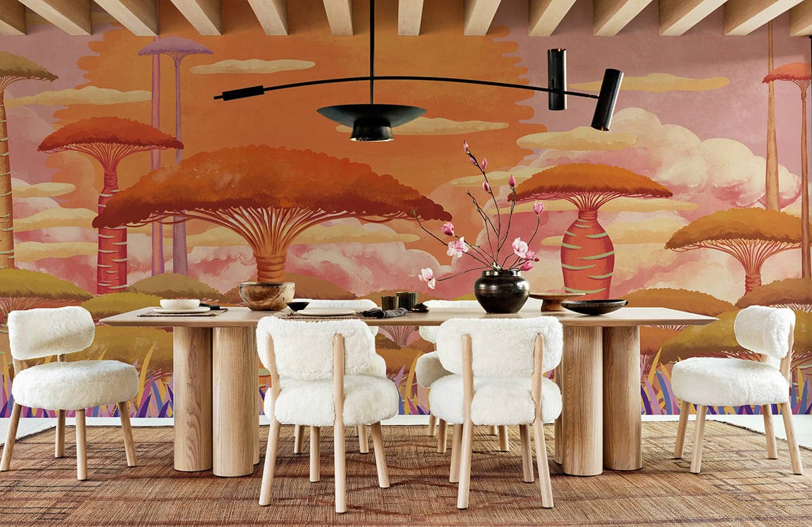 Wallpaper Mural of a Baobab in Purple Grass and Sunset Clouds for a Dining Room