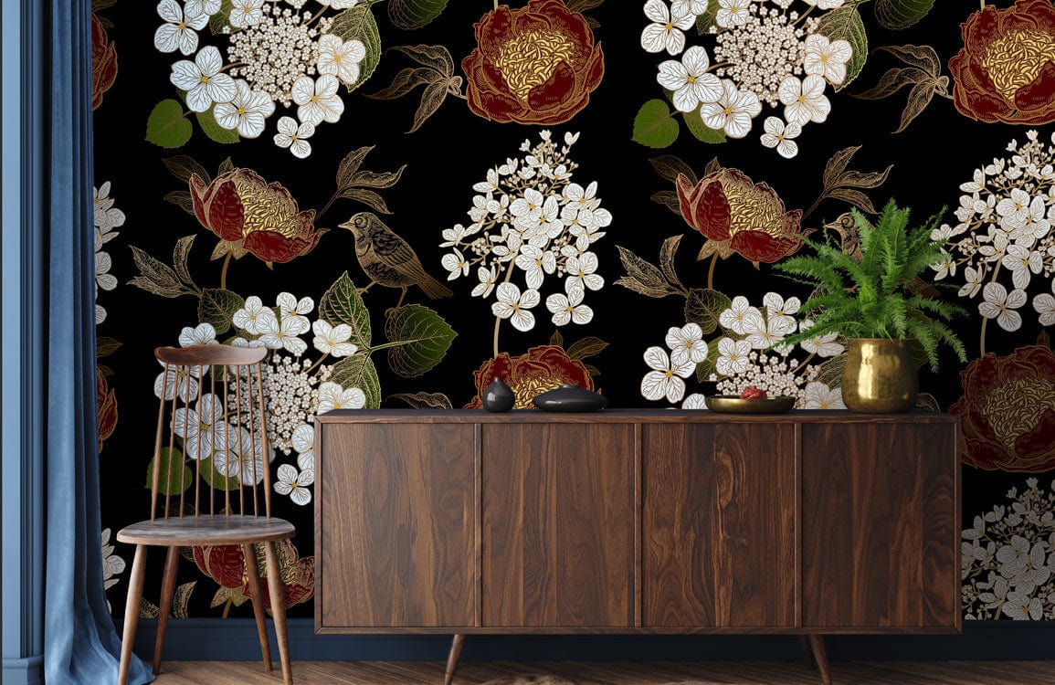 Floral Elegance black gold botanical wallpaper with wooden sideboard, blue curtains, dark wood flooring.