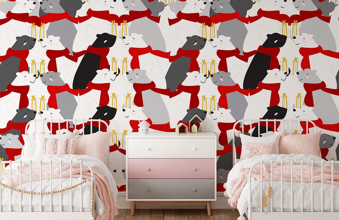 Wintry Bears and Penguins wallpaper with white beds, pink cushions, and wooden flooring in children's room.