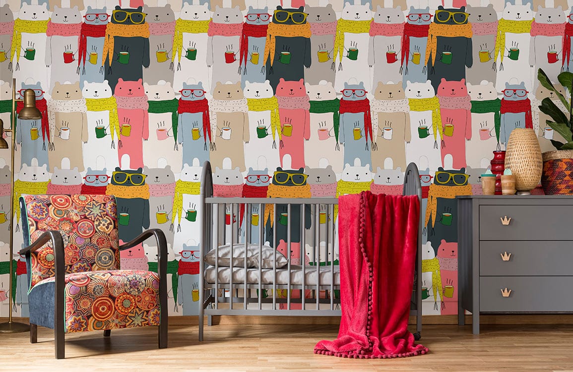Charming Colourful Cats Kids' Room Mural, armchair, wooden floor, cot, red throw, dresser decor.