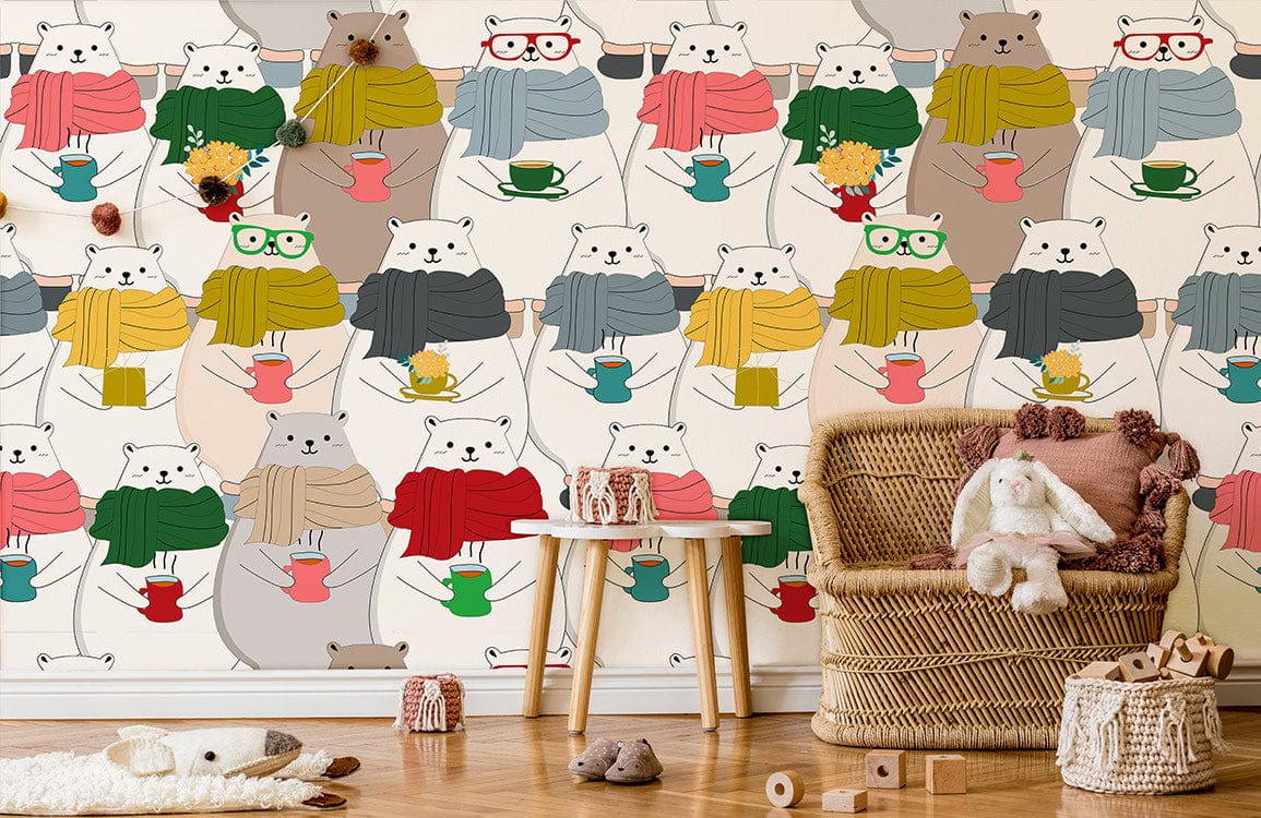various bears wearing scarves in different colours wallpaper mural for nursery
