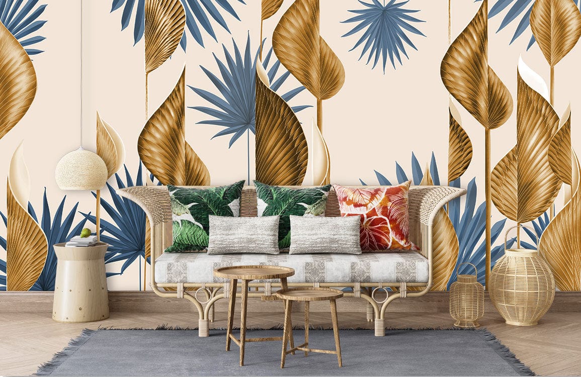 Elegant blue and gold botanical wallpaper, wicker sofa, colourful cushions, wooden tables, beige rug.