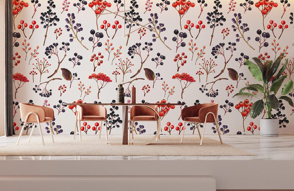 Red and purple floral wallpaper in dining room, with modern chairs, wooden table, plant, light flooring.