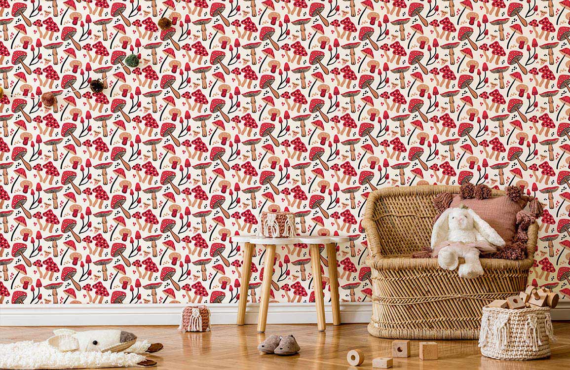 black dots pink mushrooms pattern wallpaper mural for children's room deisgn