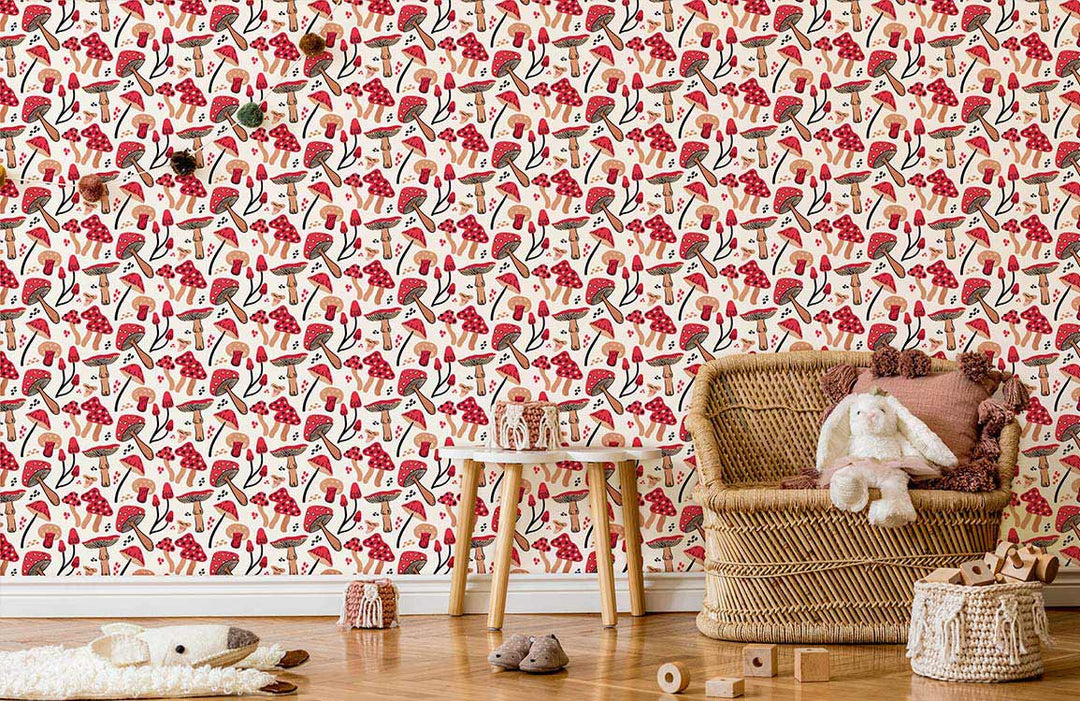 Adorable mushroom forest wallpaper in cosy room with wicker chair, wooden floor, and small round table.
