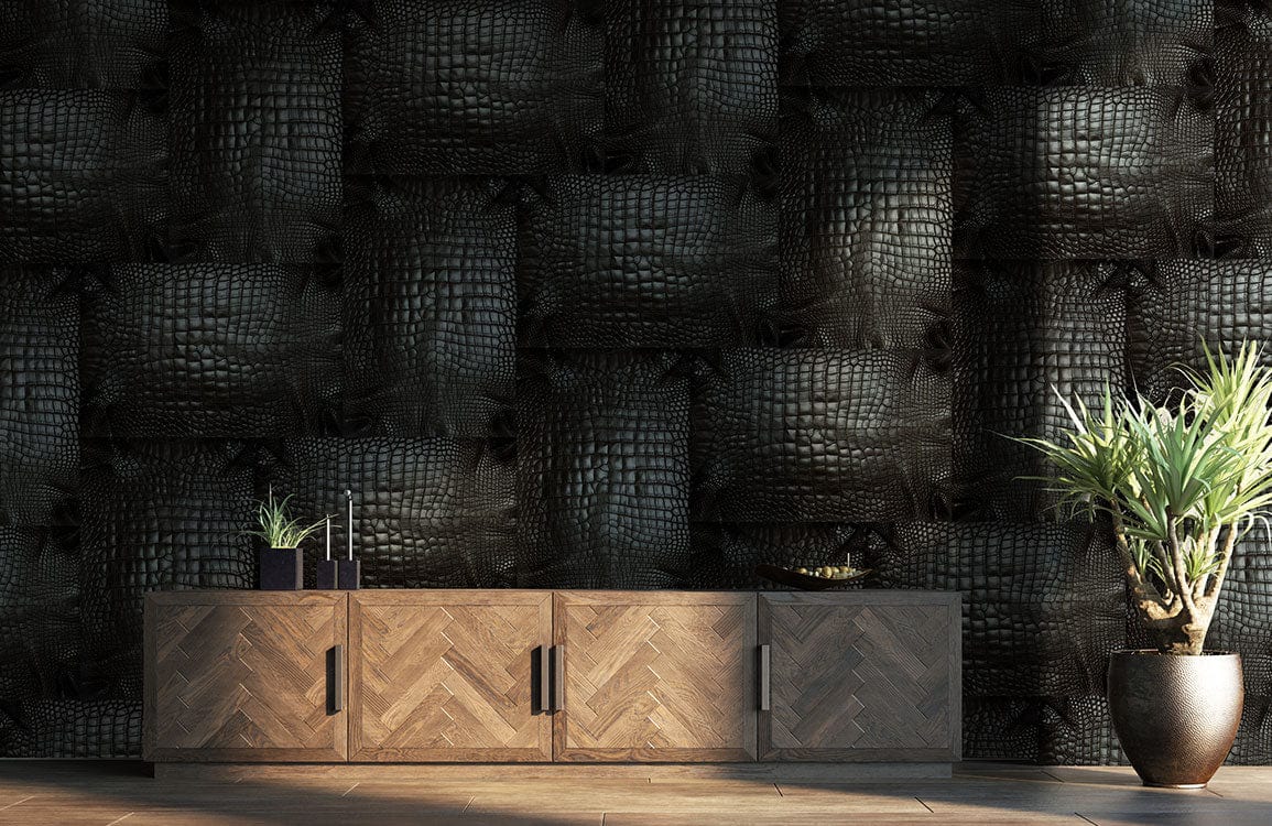 Luxurious dark textured weave wallpaper; modern sideboard; wooden flooring; potted plant in contemporary interior.
