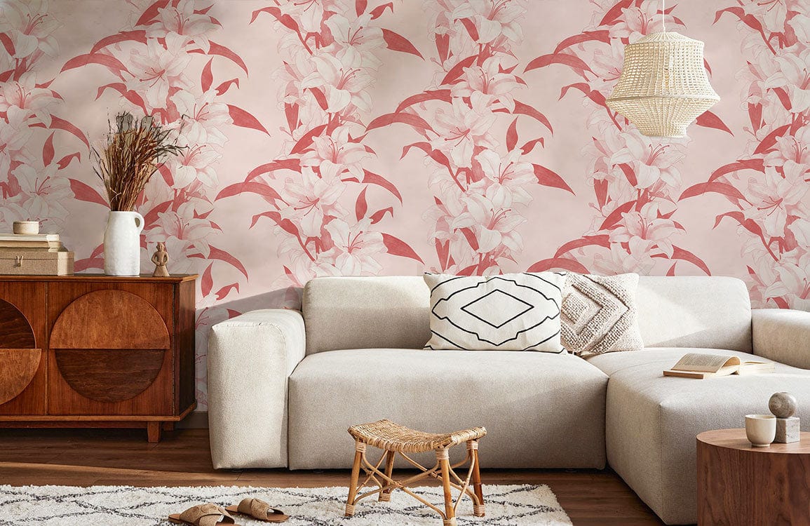 bloomy pink lily flowers wallpaper mural for home decor