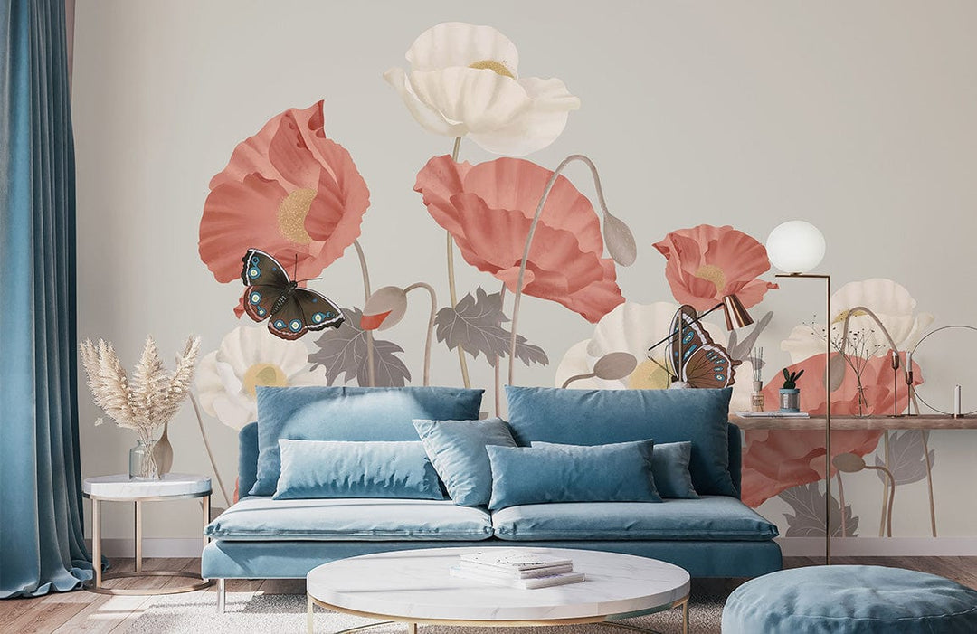 Whimsical Butterfly and Poppy Floral Wallpaper, pastel tones, blue sofa, contemporary living room decor.