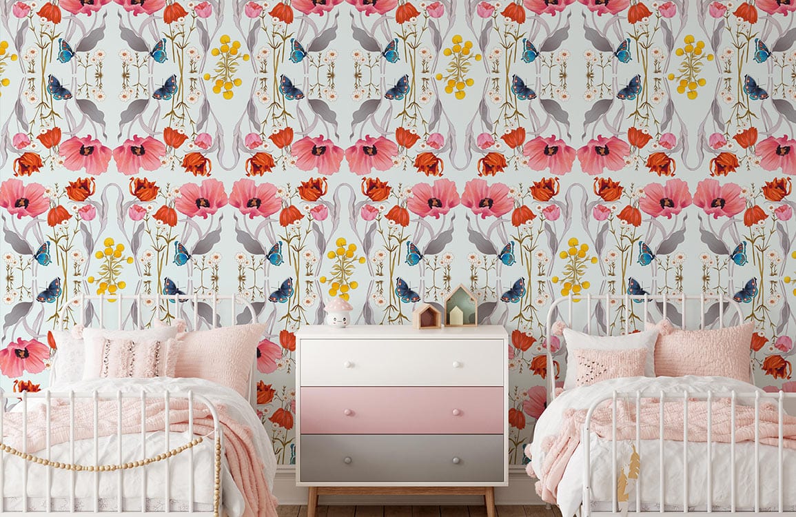 Floral Harmony wallpaper in pastel hues, two white beds, pink accents, ombre dresser, wooden flooring.