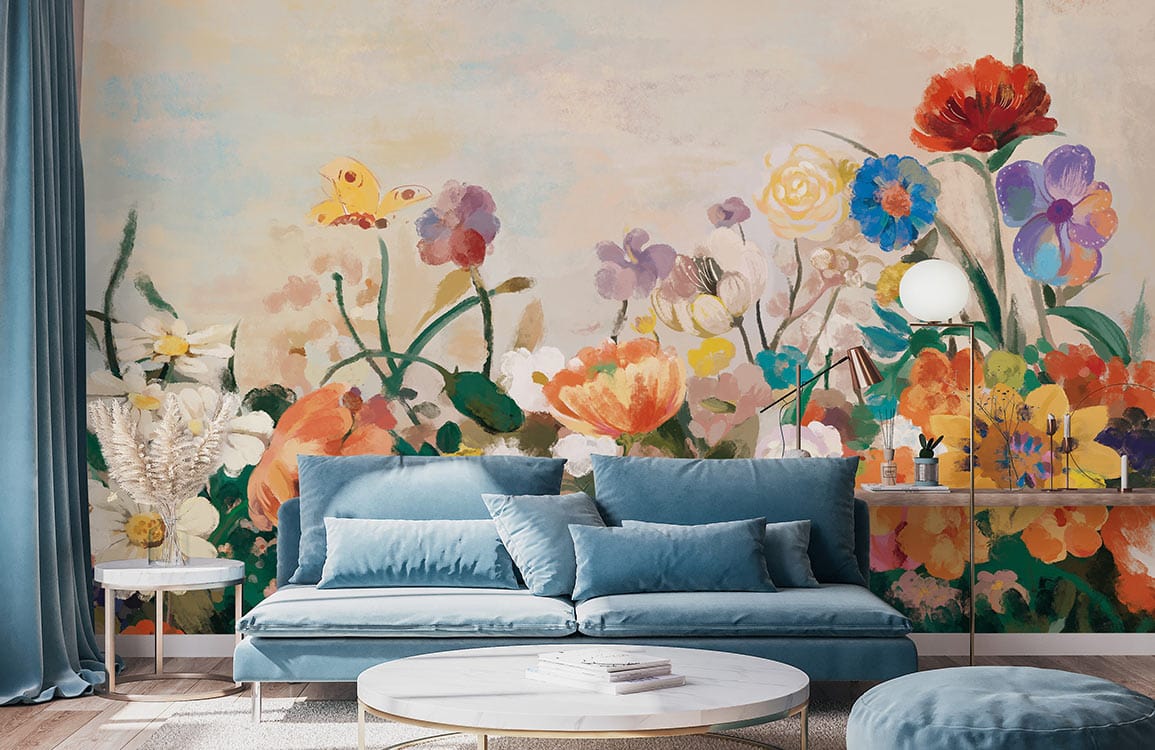 custom wallpaper mural for living room decor, a design of dreamy blooming flower bushes