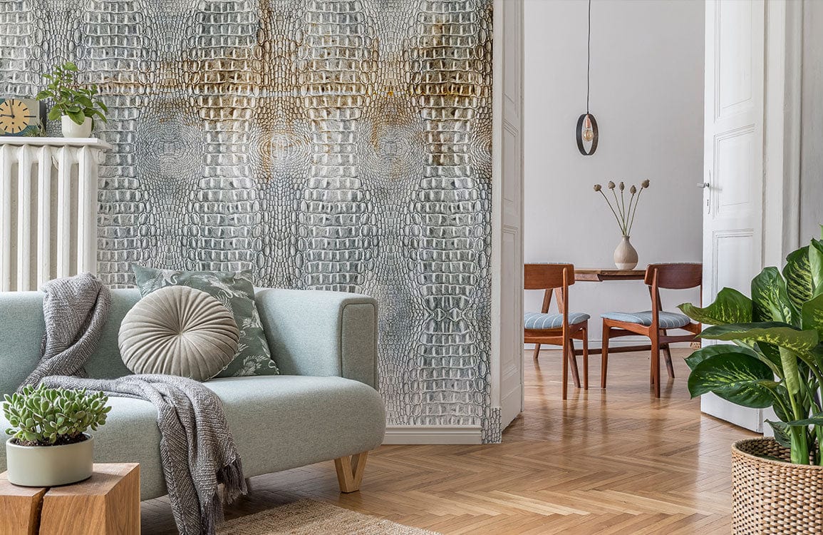 Luxurious grey crocodile pattern wallpaper in stylish living room with light grey sofa, wooden flooring.