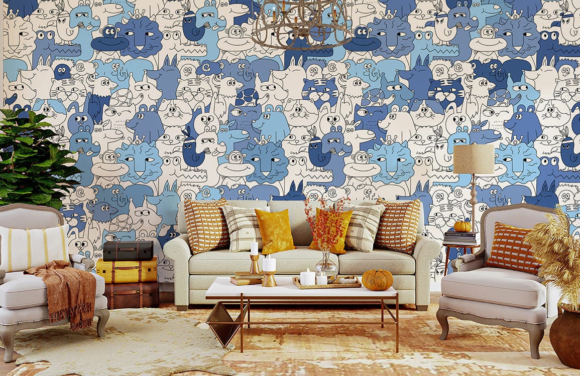 Playful blue and white animal wallpaper in living room with elegant sofa, armchairs, and chandelier.
