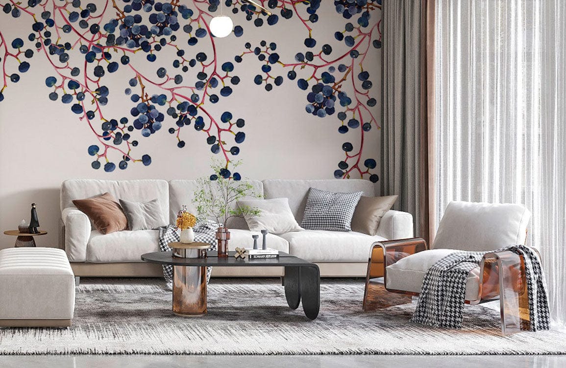 Elegant Blueberry Vine Mural Wallpaper in modern living room with beige sofa and contemporary armchair.