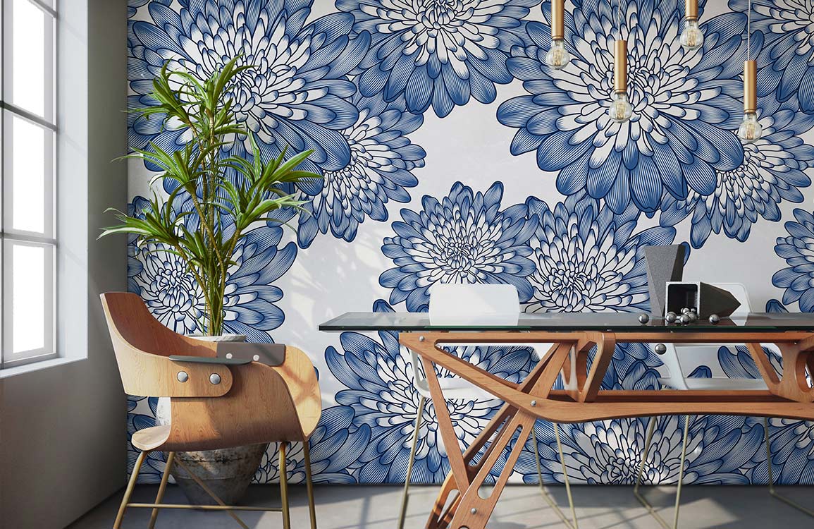 Elegant blue floral chrysanthemum wallpaper with stylish desk and chair in modern office interior.