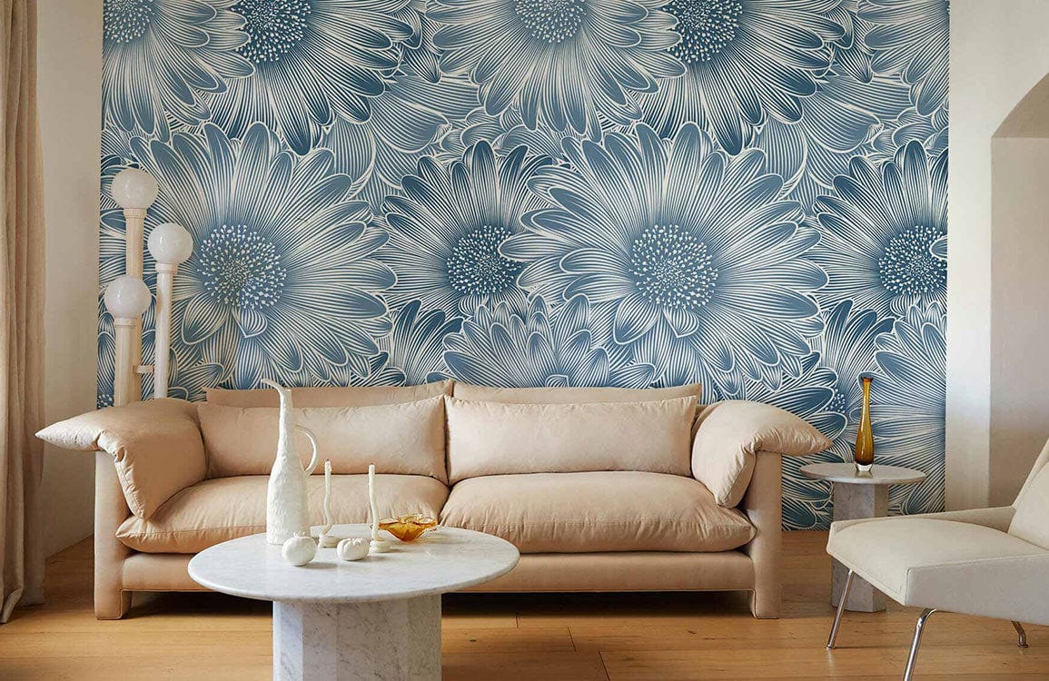 Elegant blue floral wallpaper in living room, beige sofa, modern floor lamp, round marble table.