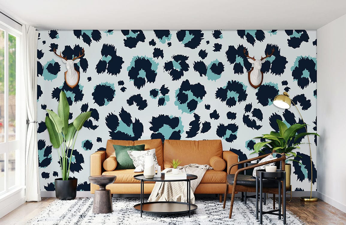 Bold teal leopard print wallpaper; modern living room with tan sofa, patterned rug, and wall decor.