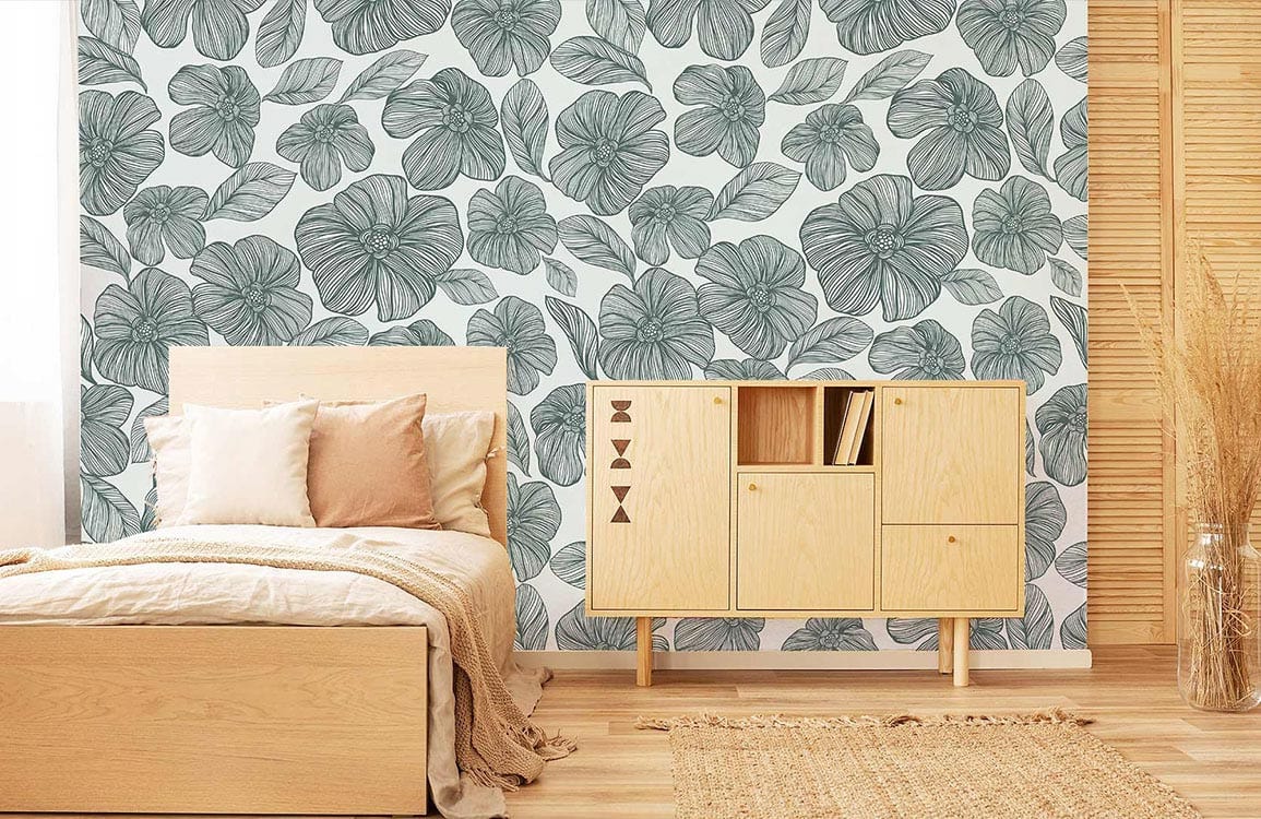 Elegant sage green floral wallpaper in bedroom with wooden furniture, matching Décor, and light flooring.
