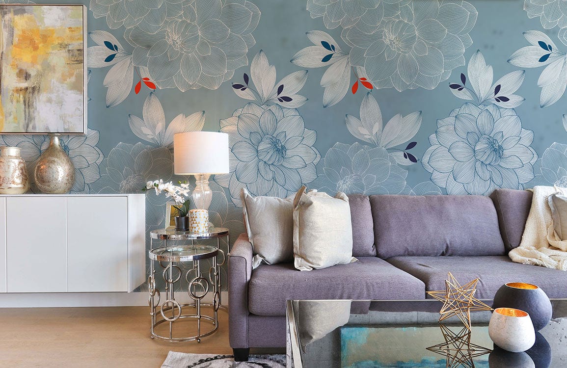 Elegant blue floral wallpaper with botanical accents, grey sofa, modern decor, light wood flooring, lounge.