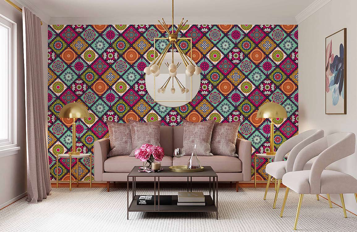 Vibrant Moroccan Tile Pattern Wallpaper in living room, beige sofas, modern pendant light, neutral flooring.