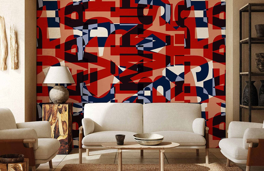 Retro geometric wallpaper in red, blue, white; modern sofa; wooden coffee table; beige carpet.