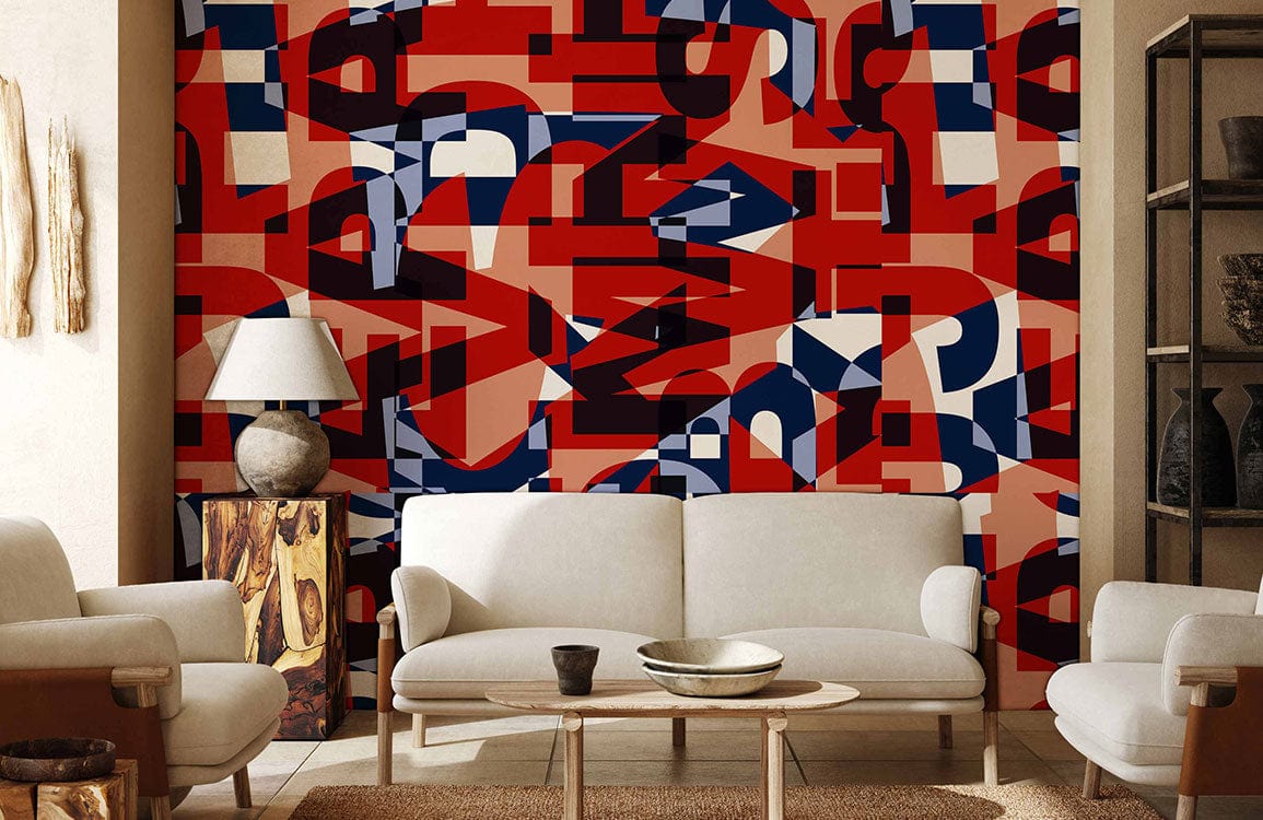 Retro geometric wallpaper in red, blue, white; modern sofa; wooden coffee table; beige carpet.
