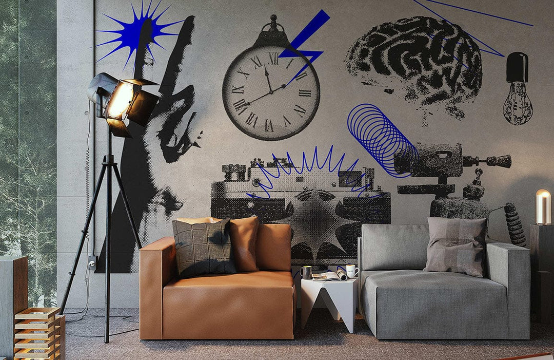 Retro Industrial Blue Mural Wallpaper featuring vintage clock; stylish grey and brown sofas; floor lamp.