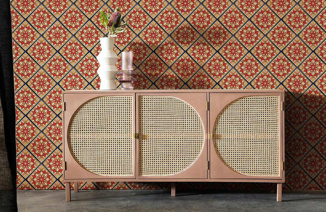 Vintage red blue geometric wallpaper, wood sideboard, floral pattern, living room decor, modern flooring.
