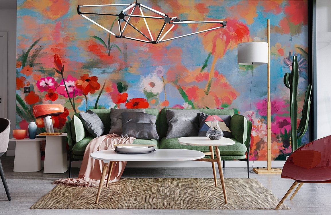 Vibrant floral mural wallpaper, modern green sofa, contemporary lighting, and neutral wooden flooring in living room.