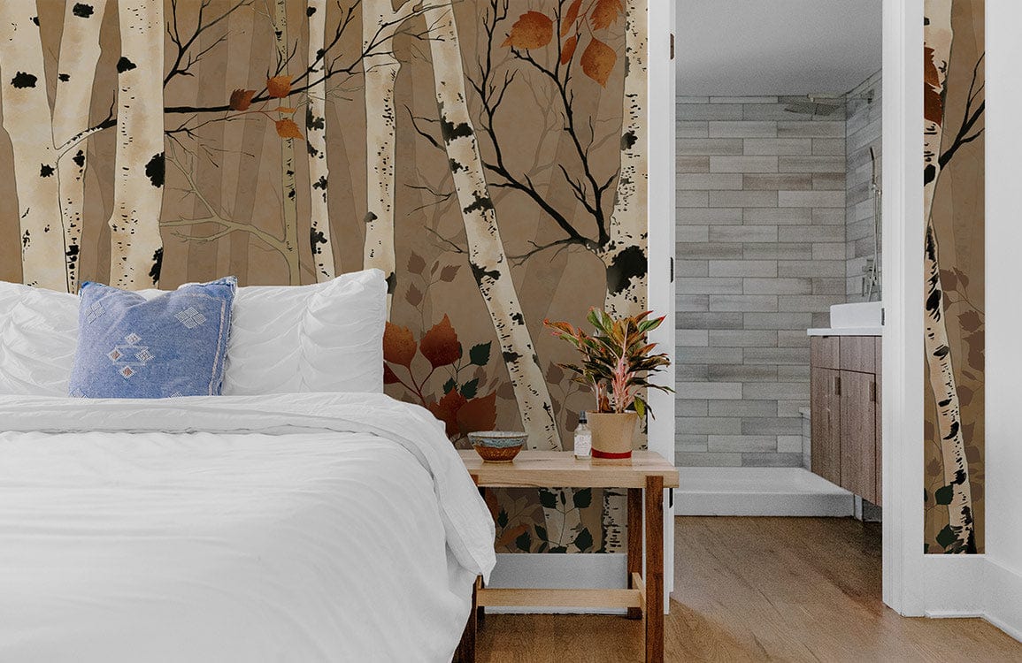 Autumn Birch Forest mural wallpaper in bedroom decor with white bedding, wooden flooring, and minimalist furniture.