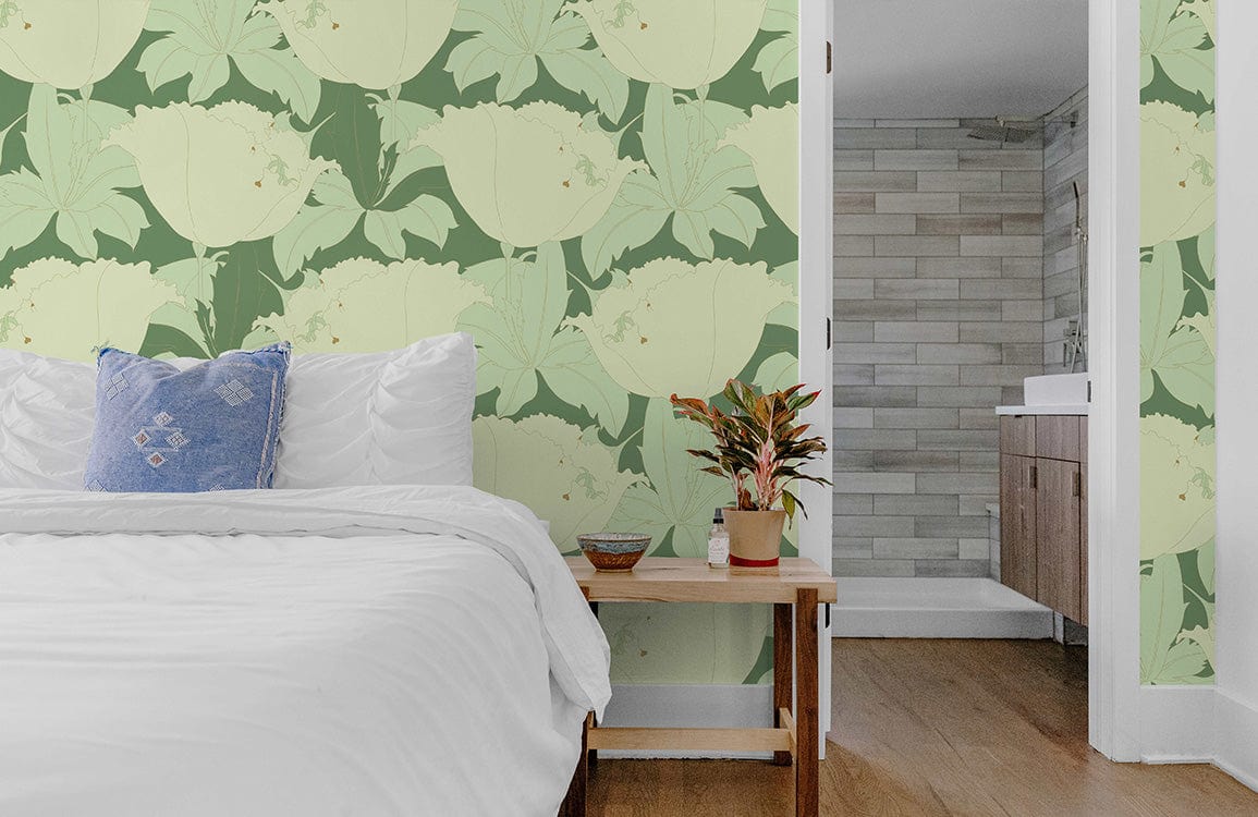 Sage green floral wallpaper, elegant botanical design, white bedding, wooden floor, modern bathroom entrance.