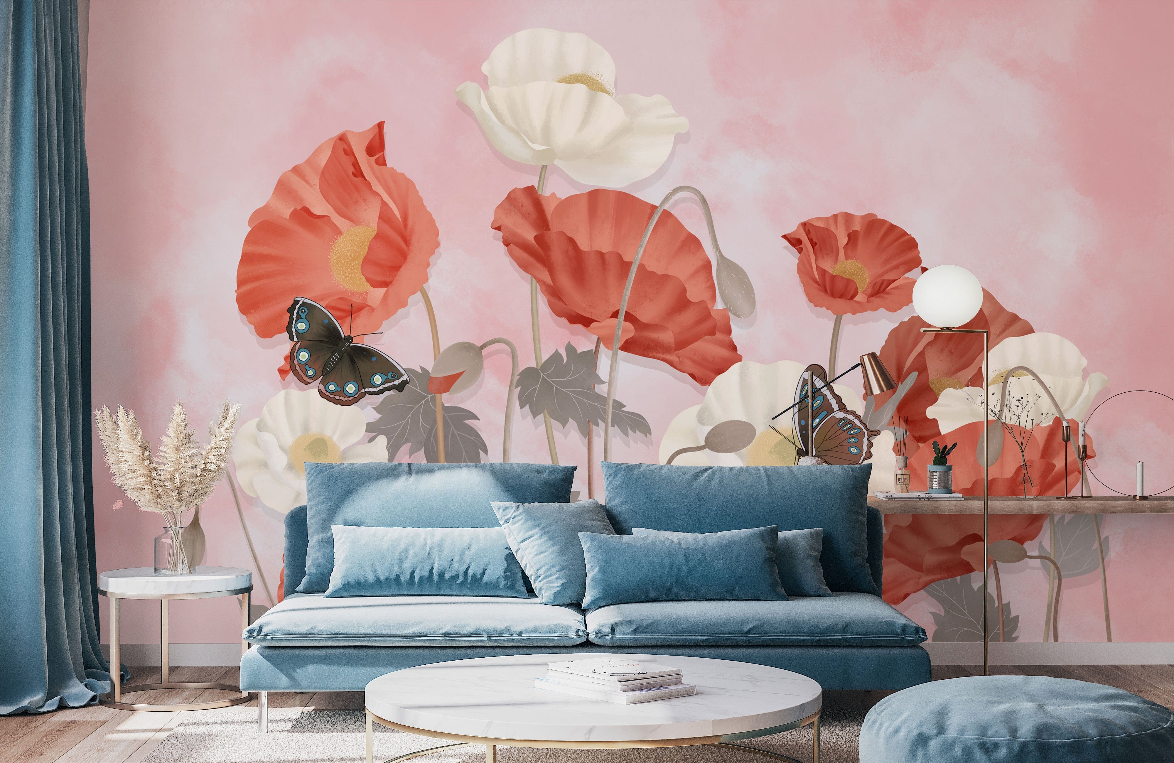 Blue sofa, circular white coffee table with Charming Pink Floral Butterfly Mural Wallpaper; elegant living room decor.