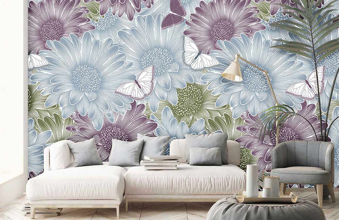 Vintage floral butterfly wallpaper mural in lounge with white sectional sofa and grey cushions.