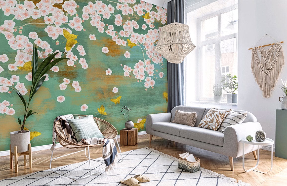 butterfly and peach flower wallpaper mural for home