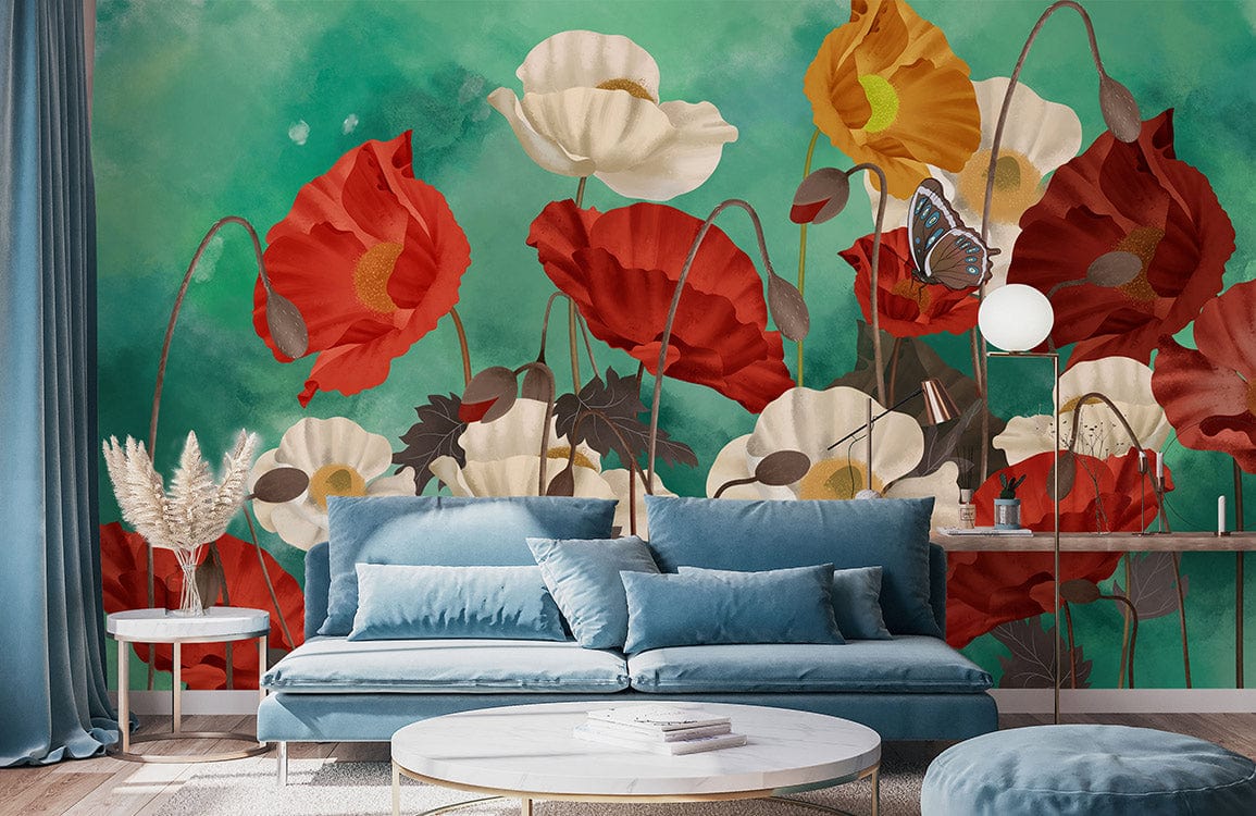 Vibrant Poppy Flower Wallpaper with Butterflies in a modern living room featuring blue sofa and green wall.