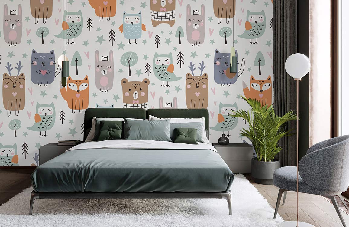 Whimsical Woodland Animals Nursery Wallpaper, modern bedroom decor with grey carpeting, green bedding, grey chair.