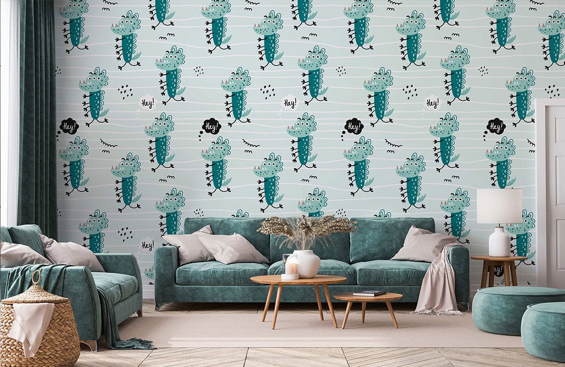 Teal Dinosaur Patterned Kids' Wallpaper, whimsical design, teal sofas, wooden flooring, lively living room.